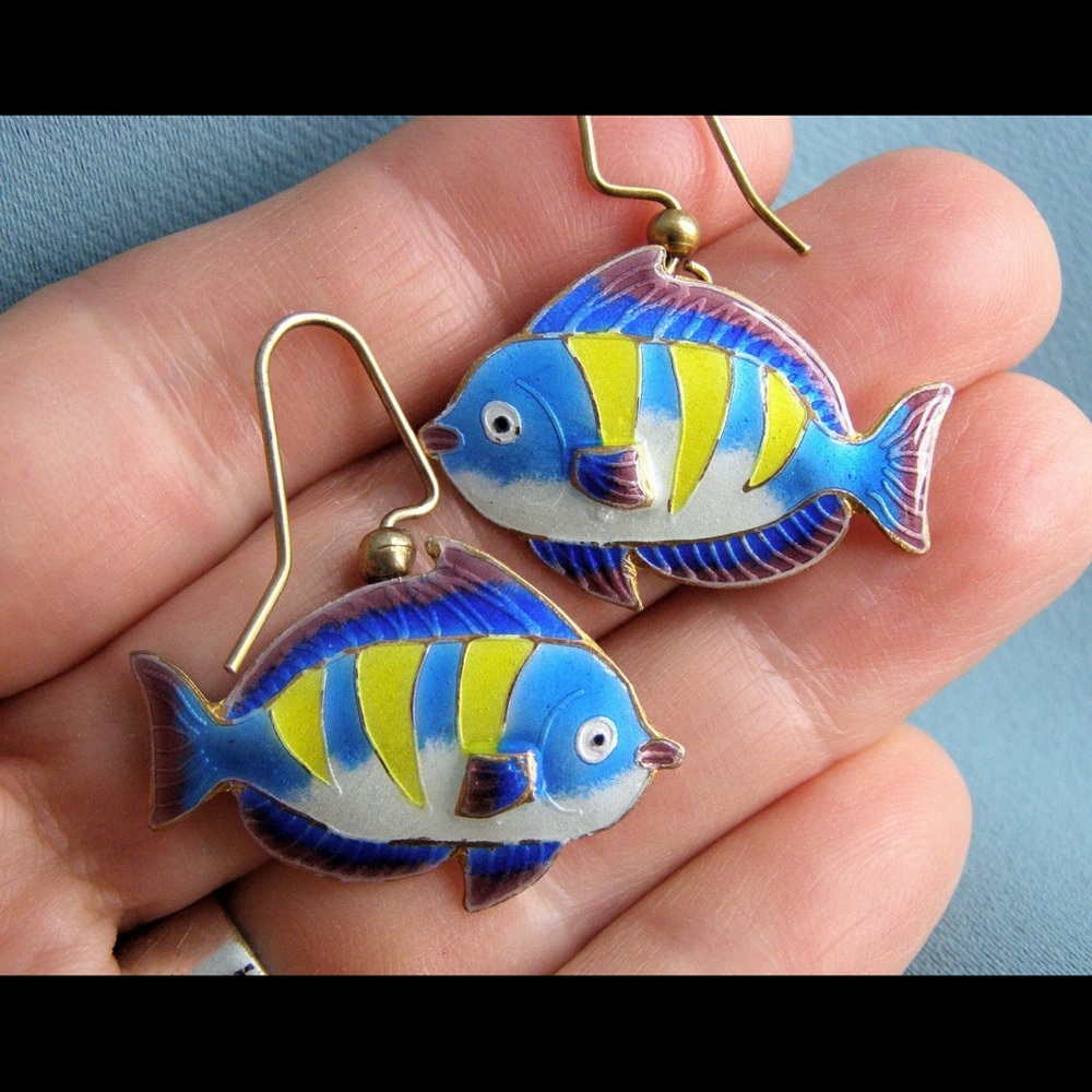 Vintage Laurel Burch fish dangle earrings. Boho, Hippie